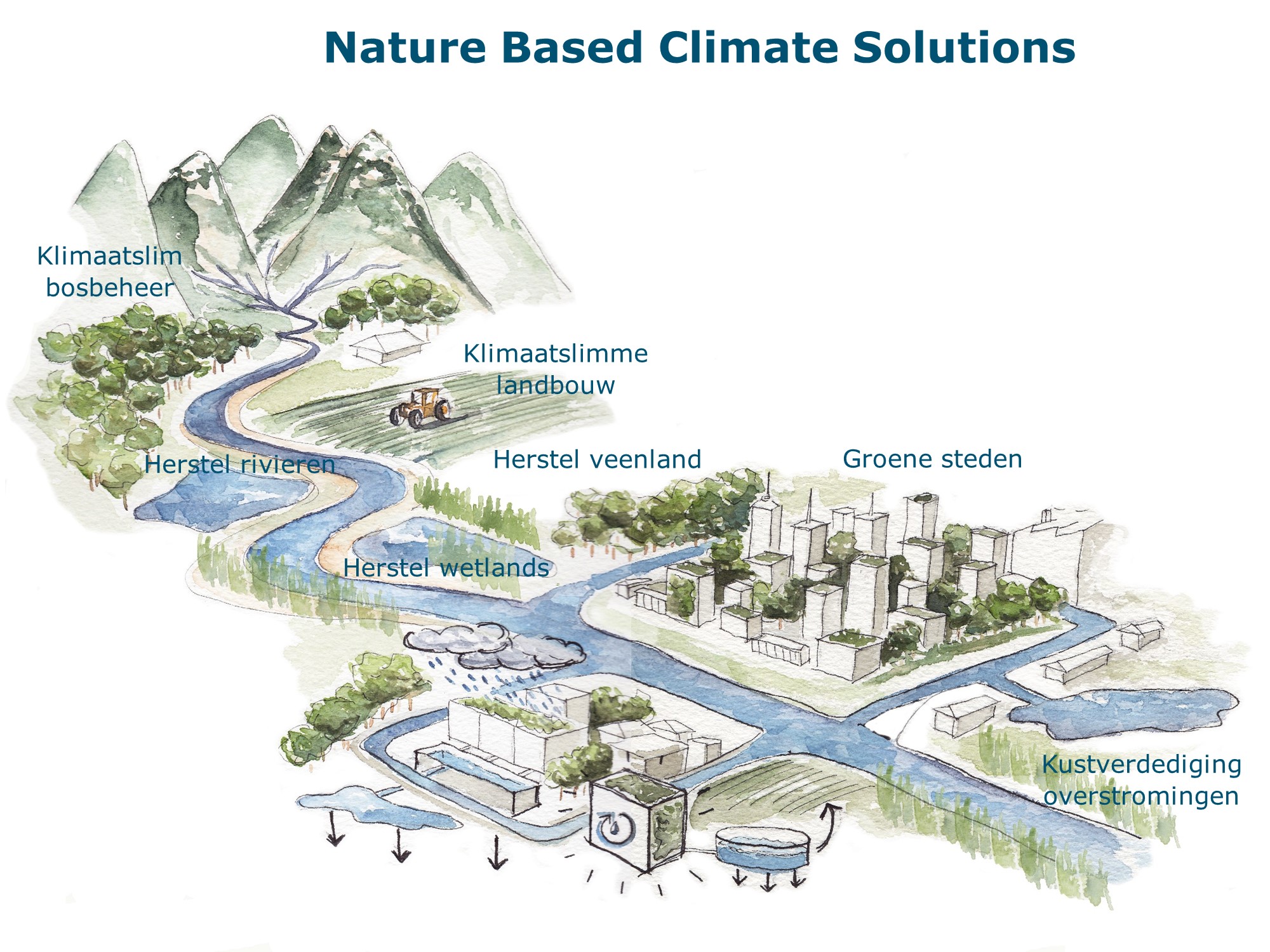 De nature-based solutions zijn een nieuw speerpunt binnen de wereldwijde aanpak van klimaatverandering. Graphic: Natasha de Sena, WER