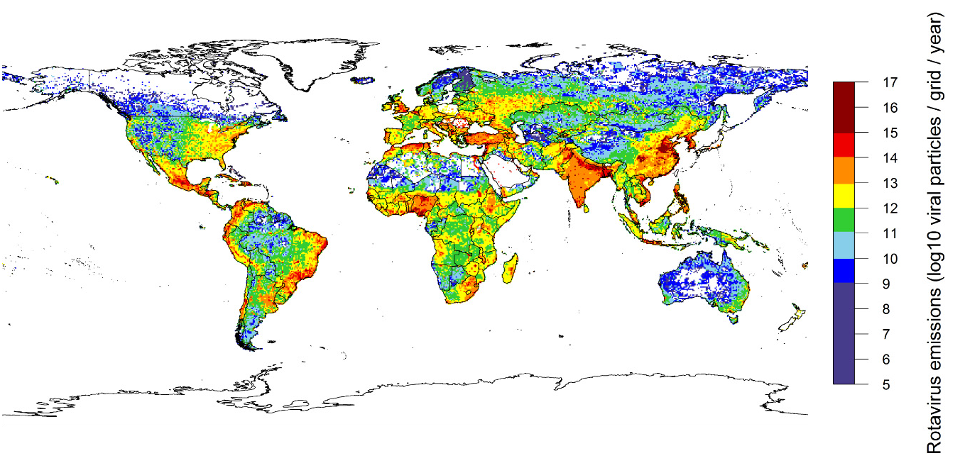 Figure 2: A map of total rotavirus emissions to surface water in log10 viral particles per grid based on data for approximately the year 2010 (Kiulia et al. 2015).