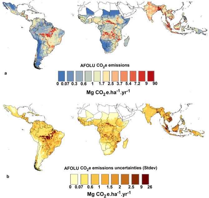 Figure 1: a) Hotspots of annual AFOLU emissions (red cells) and (b) associated uncertainties for the tropical region for the period 2000-2005, at 0.5°resolution. Emissions are the result of leading land sector emission sources (deforestation, degradation (fire, wood harvesting), soils (crops, paddy rice), livestock (enteric fermentation and manure management). Source: Roman-Cuesta et al. (2016)