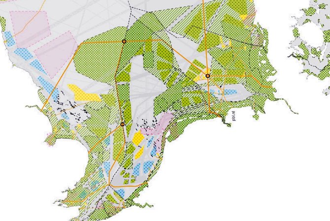 Future of the North Sea according to PBL scenario IV Together Sustainable. Yellow: wind farms, blue: wind farms and aquaculture and passive fishing, light green: energy parks and nature network, dark green: protected nature area. Source: PBL/H+N+S.