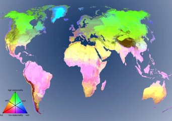 Map of the global environmental stratification, depicting 125 strata at a 30 arcsec (approximately 1km2) spatial resolution. The legend provides a visual combination of the three main climatic gradients incorporated in the clustering. 