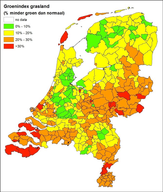 De droogte-impact op de groenindex van grasland per gemeente als procentuele daling tussen 26 mei en 26 juli 2018.