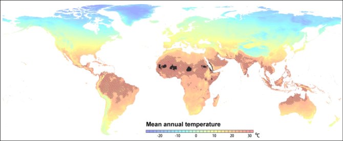 Uitbreiding van zeer warme gebieden in een ongewijzigd klimaatscenario. In het huidige klimaat beperken de gebieden met een gemiddelde jaarlijkse temperatuur >29℃ zich tot de zwarte vlekken in het Sahara gebied. In 2070 zullen dergelijke omstandigheden zich voordoen in de gearceerde gebieden, volgens het RCP 8.5 scenario. 