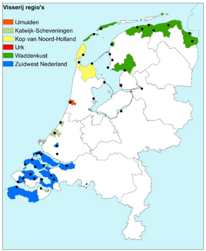 Figure 1: The six fishing regions shown on the map of the Netherlands (Quijrijns et al, 2019). The black dots are fishing villages. 