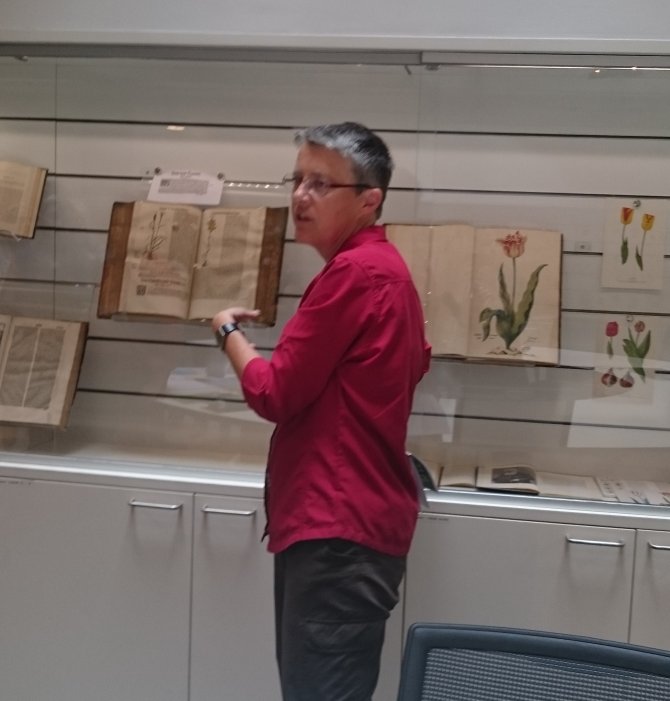 A tour at Special Collections. The Tulip Book of P.Cos, 1637, at the background.