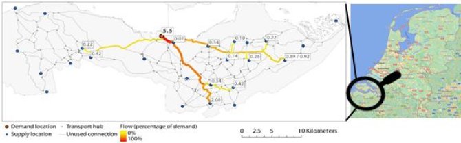 Figure 1: Regional water supply network (smart water grid). The model selects available water sources, considering available quantity and quality and regional landscape characteristics, and calculates lowest costs for required pipeline infrastructure.   