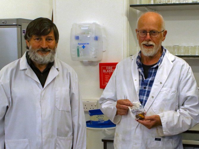 Coordinator of the beached bird survey and SNS fulmar project in Northeast England, Dan Turner and Jan van Franeker from Wageningen Marine Research with fulmar stomach at the Dove Marine Laboratory (Newcastle University). Photo: Maggie Livingston