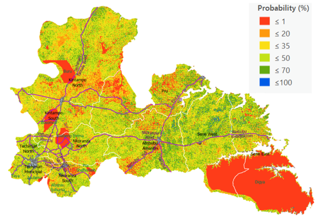 Suitability map of rain water harvesting for irrigation under current conditions.