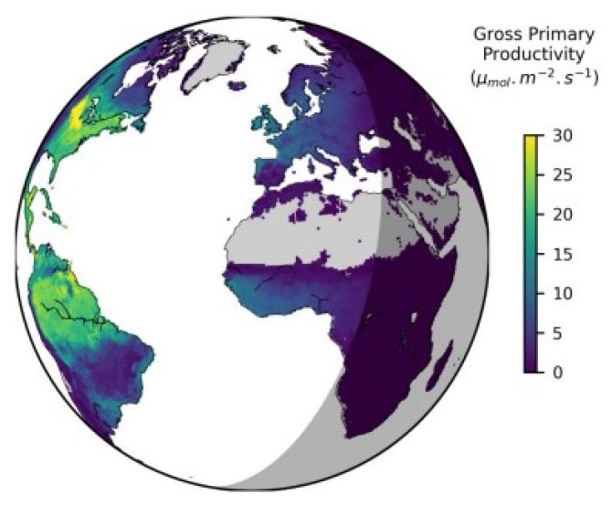 The graph shows the CO2 uptake of vegetation by photosynthesis on Earth for a period of half an hour. In the right part of the graphic, the shadow symbolizes the night when light-dependent photosynthesis comes to a standstill. (Graphics by Sujan Koirola, based on data by Paul Bodesheim, BACI science team, Image license: CC BY 4.0)