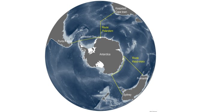 Planned routes of the two upcoming expeditions (map: NOAA climate.gov)