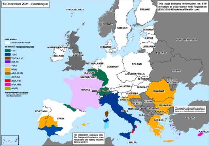 Overzicht van Europese toezichtgebieden voor verschillende serotypen van blauwtongvirus. (december 2021, bron: OIE)