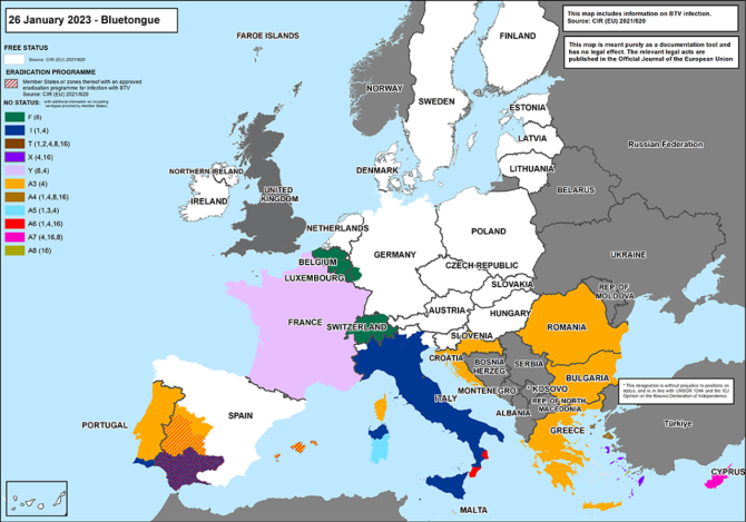 Restricted zones in Europe where different bluetongue virus serotypes are circulating (January 2023, source: OIE)