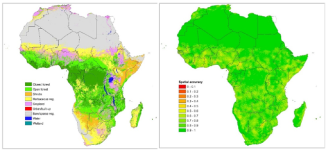 Figure 2: The CGLS-LC100m discrete (left) and the corresponding spatial accuracy (right)