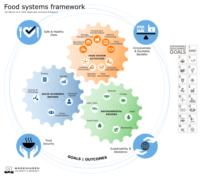 Figure 2: Food systems approach infographic including the four main goals: 1) Food security, 2) Safe & healthy diets, 3) Inclusiveness & equitable benefits, and 4) Sustainability & resilience.