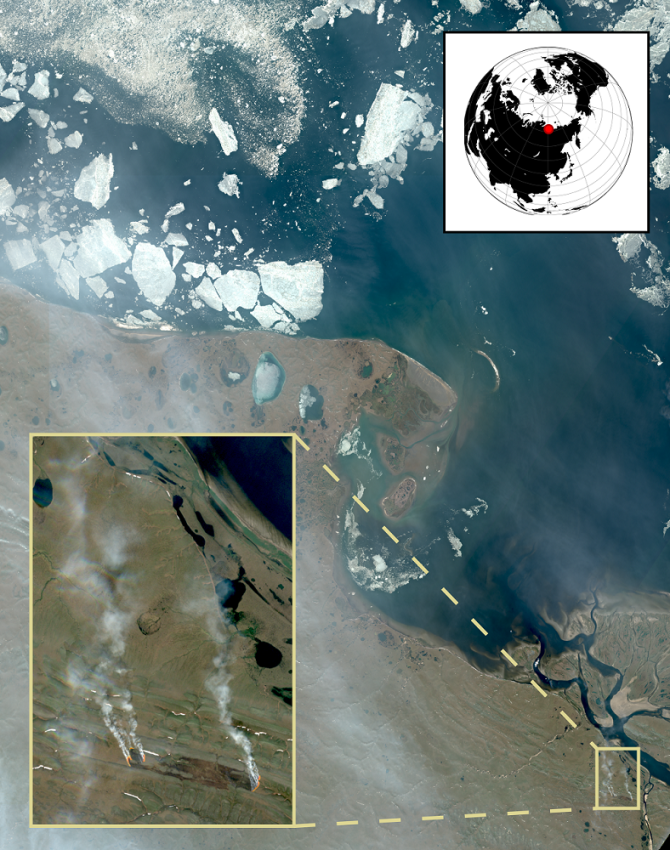 Locatiekaart van de meest noordelijke natuurbrand. De brand werd ontdekt toen er nog zee-ijs was in de Noordelijke IJszee.