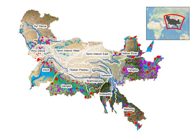 12 river basins that originate from the Hindu Kush Himalaya (white transparant area). Green: irrigated areas, blue: irrigation canals, purple: dams and reservoirs, red: large cities. (map by Hester Biemans)