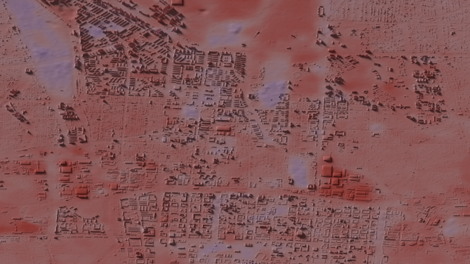 3D model of a city and underlying temperature model. These satellite data show the hotter parts of the area (urban heat island, red) and the cooler parts (blue).