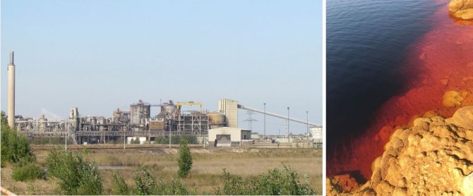 Figure 5. Left: zinc factory, Budel, the Netherlands, where metal recovery is implemented. Right: shore of Spain’s Rio Tinto river, where metals (gold, silver, copper) have been mined for centuries. The river’s red colour is due to dissolved metals and high acidity (pH=2).   