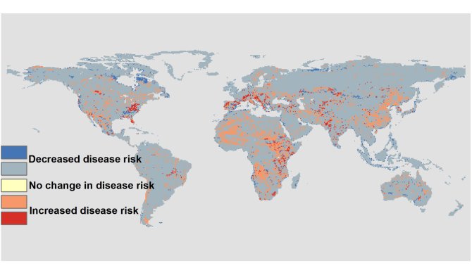 Voorspelde verandering in ziekterisico van 2015 tot 2035 in het optimistisch scenario met wereldwijde veranderingen: een scenario met een lage menselijke bevolkingsgroei, proactieve milieubescherming en een lage kwetsbaarheid voor klimaatverandering.