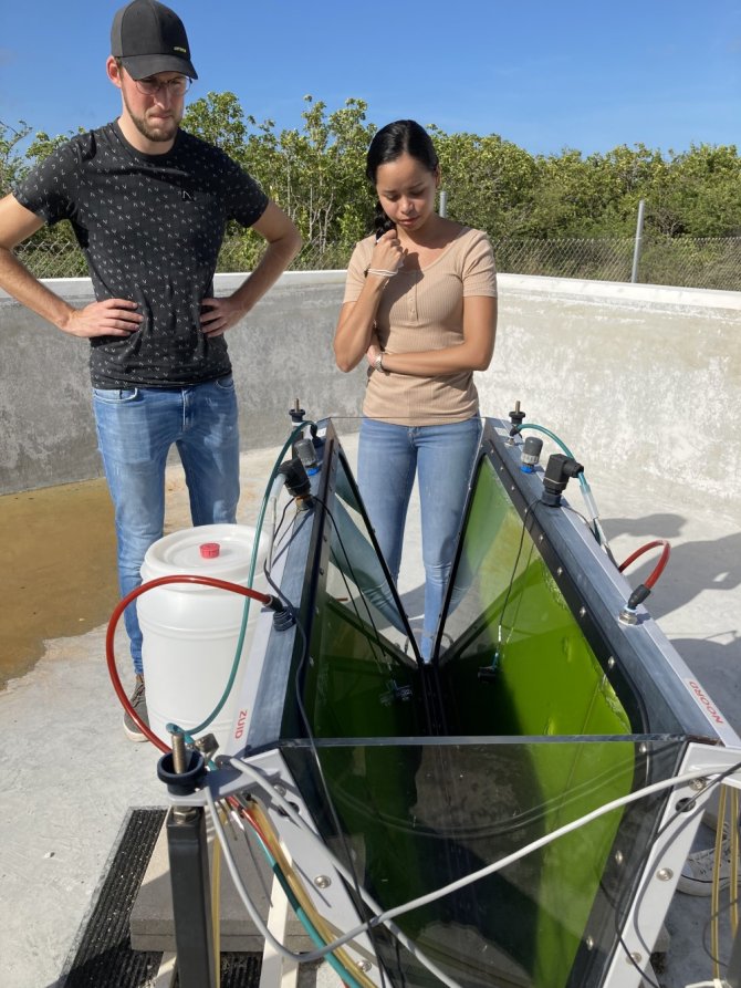 Onderzoekers Barten en Chin-on bij de proefopstelling van de algenkwekerij op Bonaire