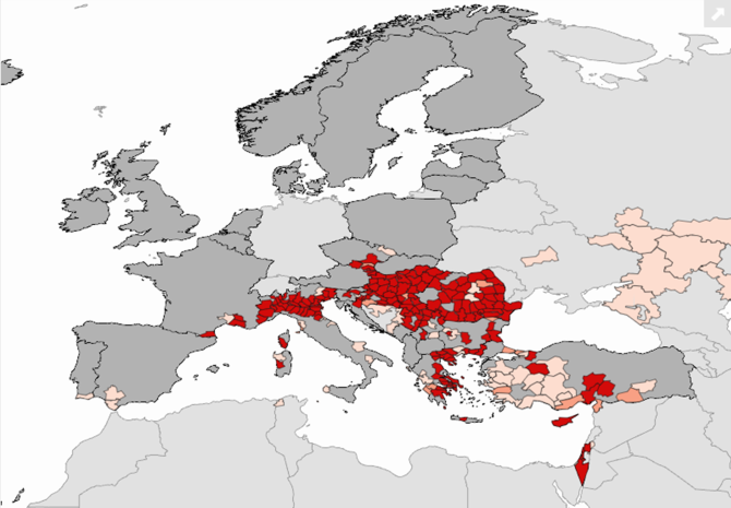 Verspreiding van Westnijlvirus bij mensen in de EU en naburige landen in 2018 (rood), 2017 (oranje) en 2011 tot en met 2016 (lichtroze) (Bron: ECDC)