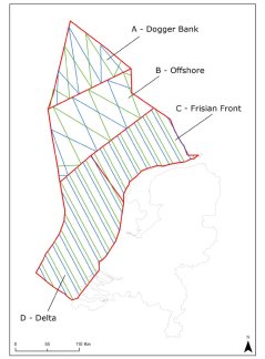 Kaart van het Nederlands Continentaal Plat, verdeeld in onderzoeksgebieden: A - Dogger Bank, B - Offshore, C - Friese Front, D - Delta. De lijnen geven de vlieglijnen weer.