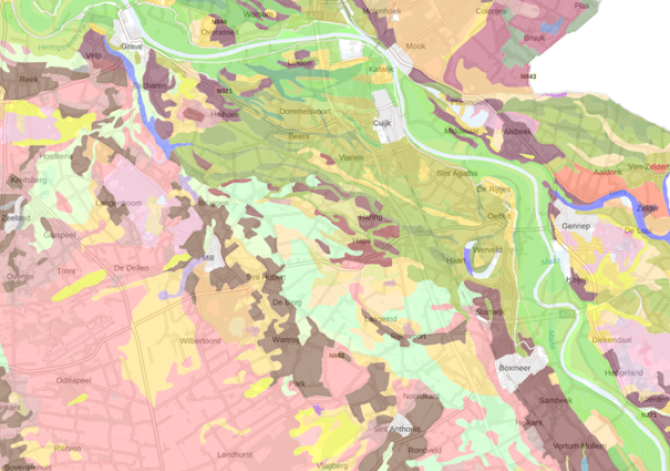 Fragment van de bestaande bodemkaart in het stroomgebied van De Raam (bron: bodemdata.nl).