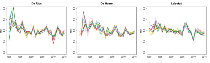 Herkomstchronologieën voor de 3 herkomstenproeven De Rips, De Haere, and Lelystad. In 2003 werd er geen duidelijk afname in groei gevonden terwijl in 2010 dit wel zo was vooral in De Rips and Lelystad