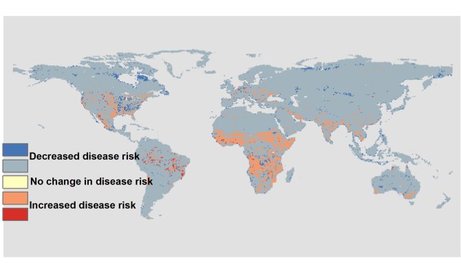 Predicted change in disease risk from 2015 to 2035 under a pessimistic global change scenario, i.e., one with high population growth, reactive environmental protection, and vulnerabilities to climate change that vary regionally.