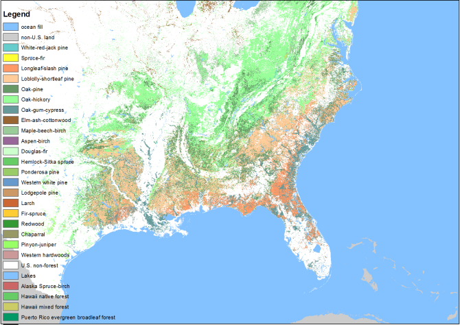 Figuur 1. Bossen in het zuidoosten van de VS. De intensieve plantages zijn loblolly-shortleaf pine (lichtroze). Langs de kust zijn de strikt beschermde moerasbossen oak-gum-cypres (donkergroen). Bron: USDA Forest service fia.fs.fed.us