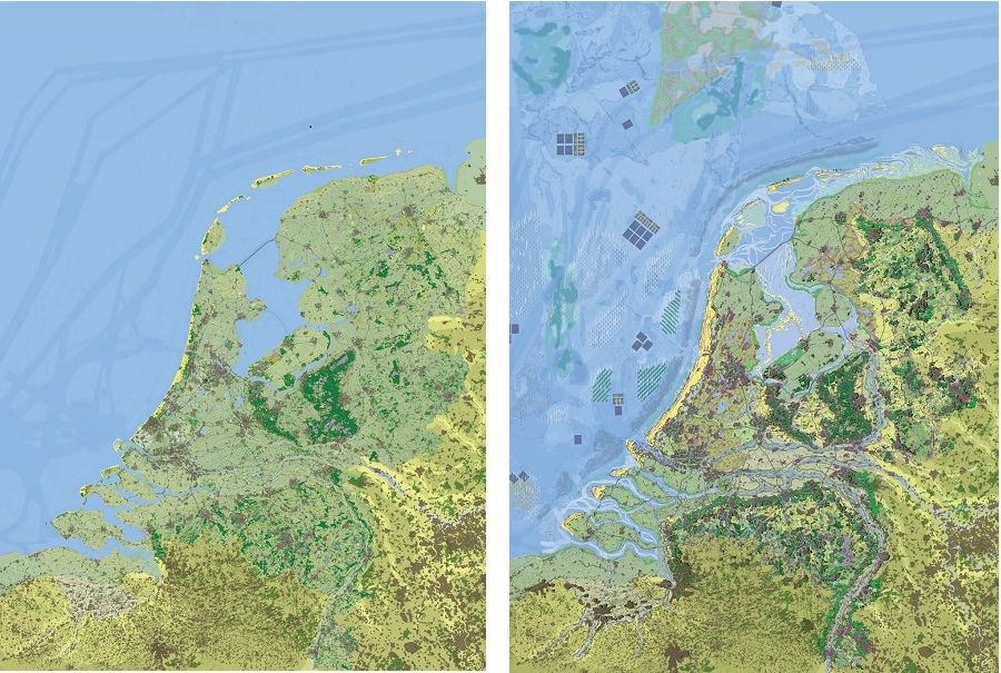 De kaart van Nederland in 2020 (links) en het toekomstbeeld van Nederland in 2120. (rechts)