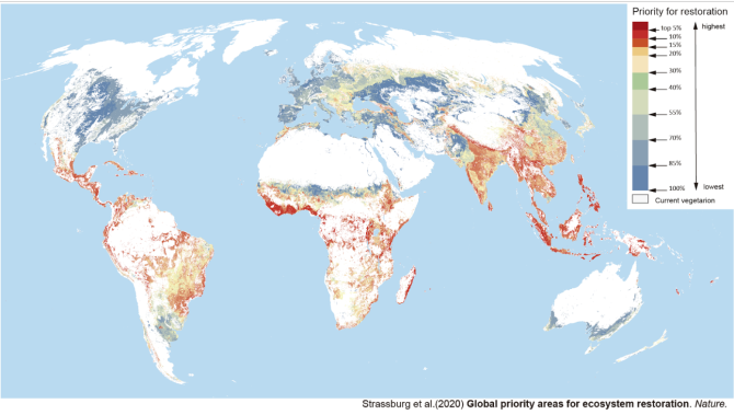 Landbouwgebieden die zeer kosteneffectief (rood) zijn om te vormen tot natuur.