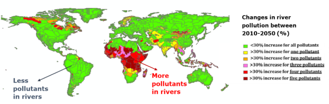 Figure 2: Changes in river pollution between 2010 and 2050 according to an optimistic scenario that assumed the implementation of advanced technologies to treat wastewater and avoid open defecation (%). Strokal et al., (2021)