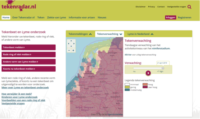 Screenshot van Tekenradar.nl met in de kaart de tekenactiviteitsverwachting voor 21 april. Door de sterk oplopende temperaturen worden teken actiever (Bron: Tekenradar.nl)
