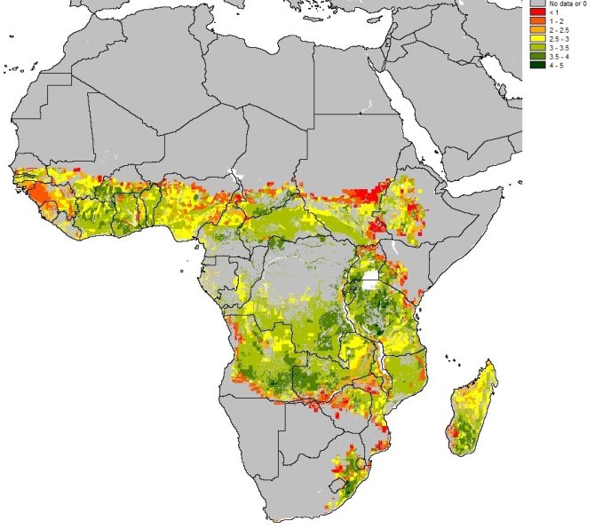Simulated average rain fed maize yield (ton grain dry matter per hectare (1991 – 2010) fertilized with 100 kg N ha-1 at cropland locations in Sub-Saharan Africa.