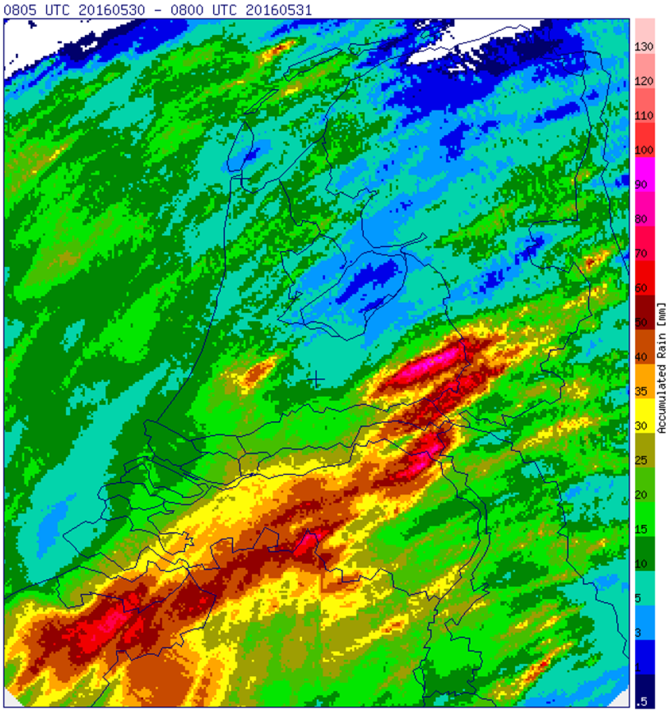 Overzicht van de hoeveelheid regen in millimeters die gevallen is tussen 30 mei 8 uur en 31 mei 8 uur (Bron: KNMI)