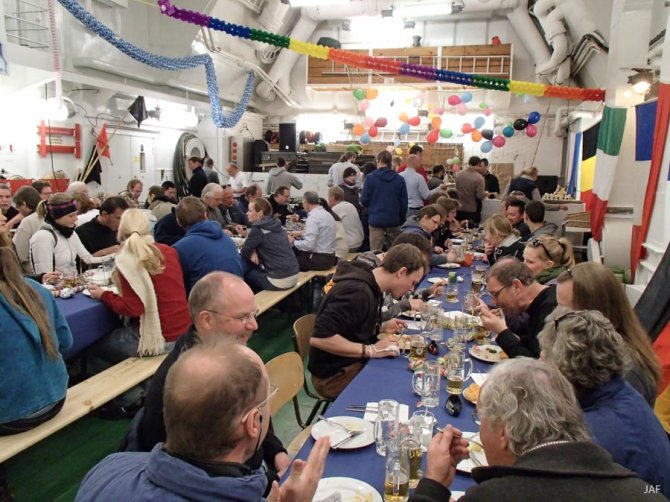 Newyear’s-eve dinner in the heli hangar on the ship