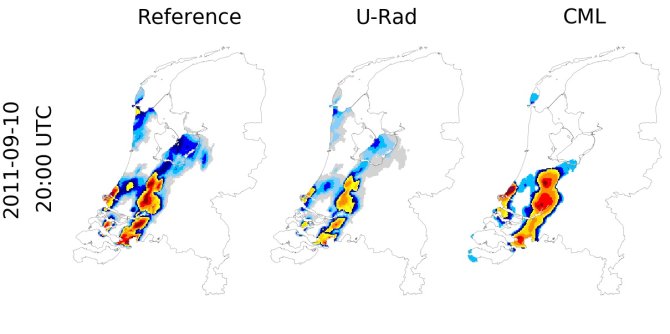 Vergelijking van geschatte neerslagintensiteiten voor Nederland op 10-9-2011 22:00 uur. De referentie (radarbeeld gecorrigeerd met de regenmetingen van het KNMI-netwerk), het operationeel beschikbare radarbeeld (U-Rad) en de neerslagintensiteiten geschat met CML-data.