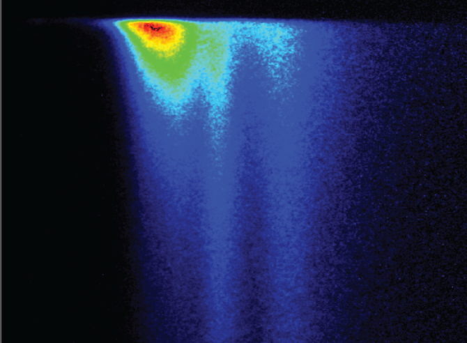 Een 800ps fluorescentiehandtekening van cyanobacteriecellen, verkregen met tijdopgeloste fluorescentie spectroscopie , de belangrijkste techniek waarmee in deze studie is gewerkt. Foto: Wageningen UR.