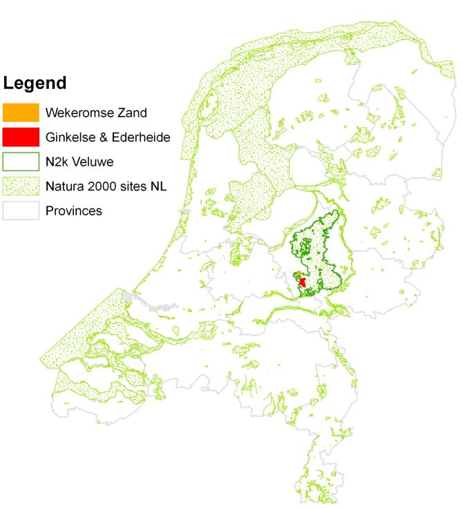 Figure 1 Location of the Dutch study area Ginkelse - Ederheide & Wekeromse Zand within Natura 2000 Veluwe in the centre of the Netherlands