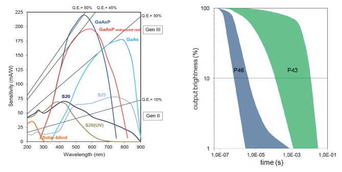 Figure 1. Left-hand side spectral response curve and the phosphor decay time on the right-hand side. CAT-AgroFood offers the use of the GaAs GenIII photocathode in combination with the P46 anode screen in the HiCATT 25 GaAs 1:1 40 ns. (Graphs taken from specifications Lambert Instruments BV)