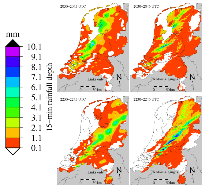 Regenkaarten van 15-minuutsommen gebaseerd op data van radiostraalverbindingen (links) en op met regenmeterdata gecorrigeerde radardata (rechts) (Bron: KNMI)