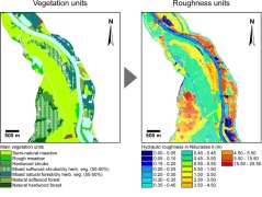 Figuur: De vertaling van de vegetatiestructuur in hydraulische ruwheid voor een traject van de IJssel na 30 jaar vegetatiesuccessie bij een halfnatuurlijk beheer