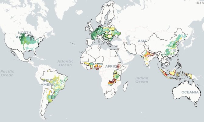 Een overzicht op wereldschaal van het werkelijke opbrengstverschil voor zonder irrigatie verbouwde maïs met ruimtelijke resolutie op het niveau van klimaatzones (ton/geoogste ha). 