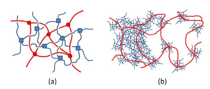 Figure 1. (a) Schematic picture of a double polymer network consisting of two interlocked cross-linked networks; (b) mechanism proposed for toughening. Local damage of the first (blue) network softens the material around the crack tip. The energy dissipation of this yielding enhances the fracture energy of the double network and thus increases the resistance to crack propagation.