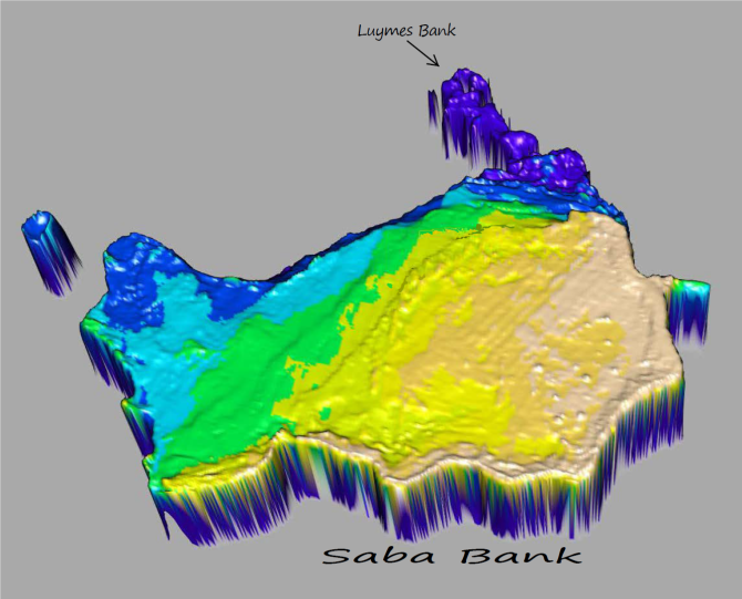 3D beeld van de Sababank met de Luymesbank in het noordoosten. Bron: Erik Meesters