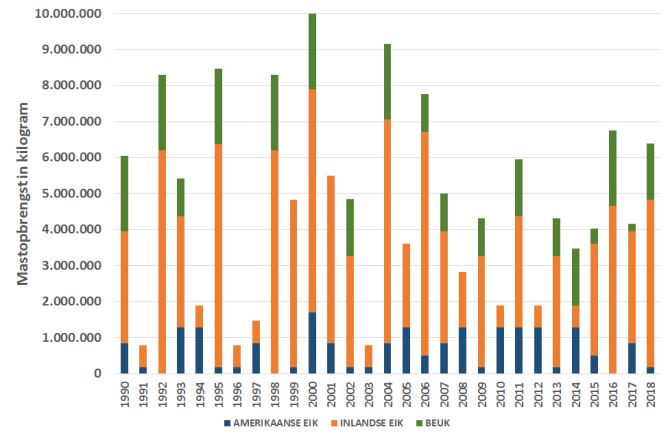 Jaarlijkse hoeveelheid mast van Amerikaanse eik, inlandse eik en beuk op de Veluwe (Bron: Vereniging Wildbeheer Veluwe)