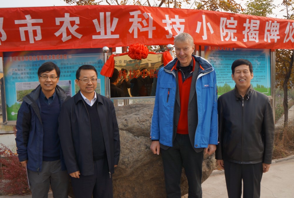Visit to a ‘Science and Technology Backyard’ village (to empower smallholder farmers for sustainable intensification of agriculture in China). From left to right: professors Xinping Chen, Fusuo Zhang, Oene Oenema and the village leader. Photo: Oene Oenema