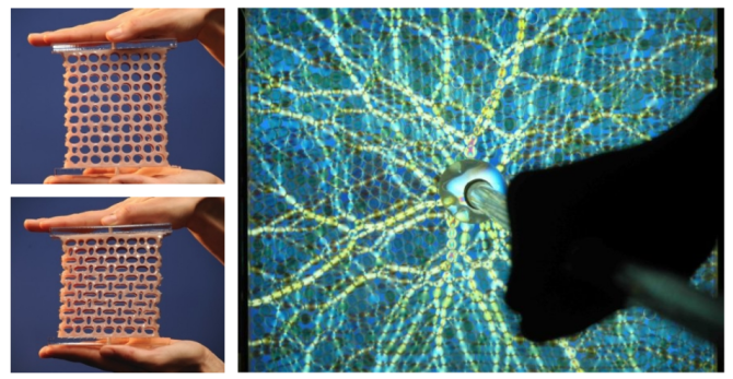 Left) A metamaterial is a material engineered to have a property that is not found in naturally occurring materials. Right) The photoelastic effect shown by pushing at photoelastic disks which, upon contact, deform. This deformation is shown here by the color change which is caused by a change in birefringence. 