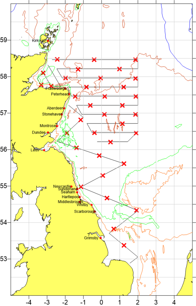 Planned transect for Tridens during the international Herring Acoustic Survey (HERAS) in 2021.